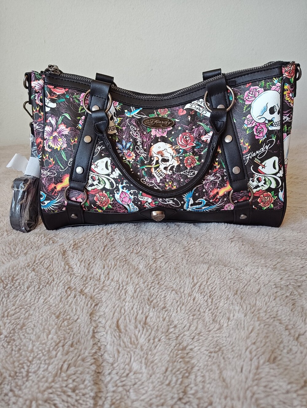 Ed Hardy Rhinestones Black Multi Color Floral Skull Satchel Bag W/Shoulder Strap